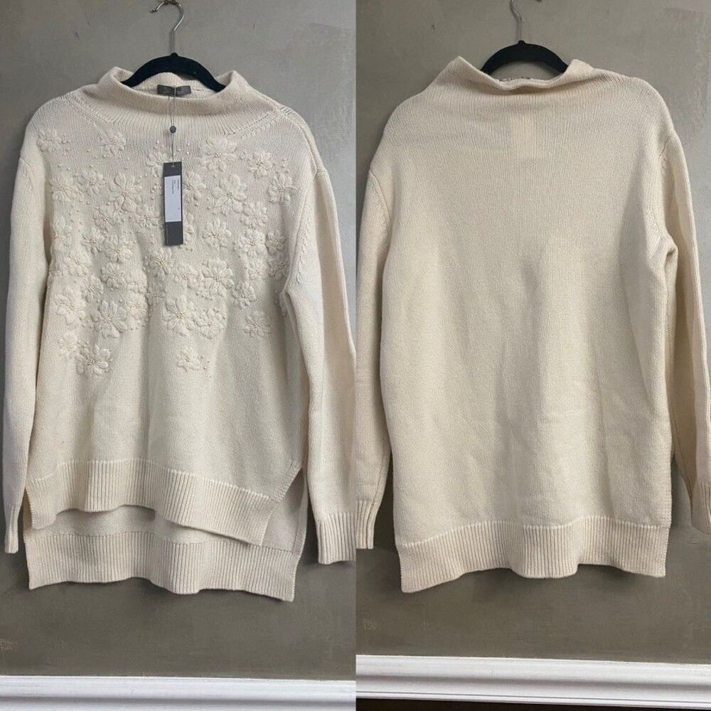 LELA ROSE Floral Knit Embroidered Funnel Neck Sweater Small NWT